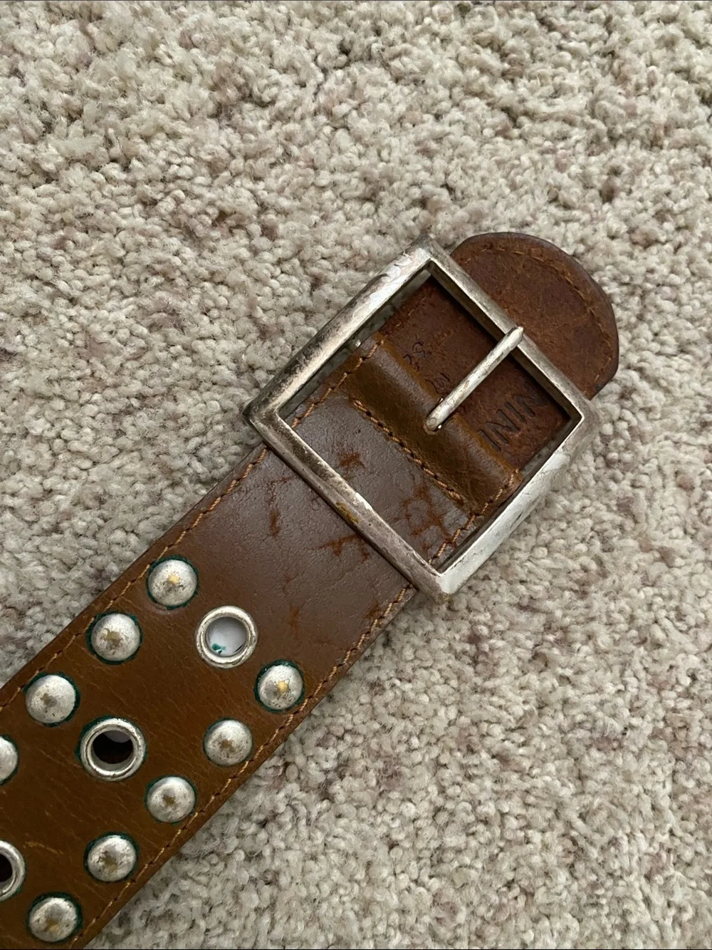 Nine West Brown Leather Studded Belt with Silver-Tone Buckle